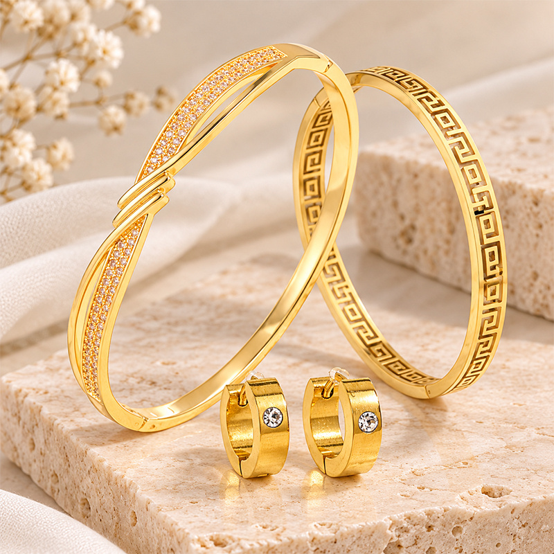 French Retro Jewelry Set, Greek Key Cuff & Cross Bangle